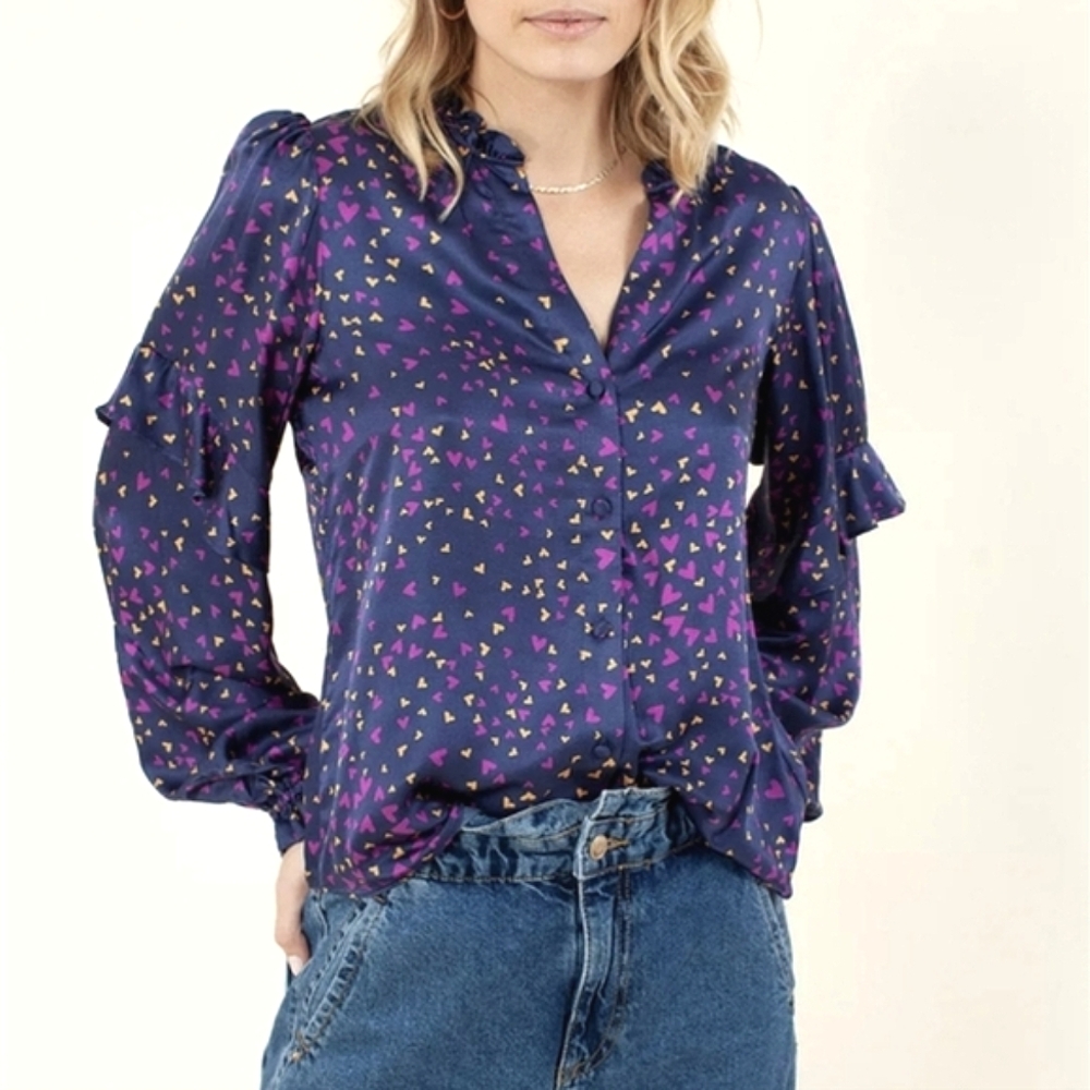 Hale Bob Blue Purple Silk Blend Blouse Hearts Long Sleeve Buttons Medium (Large) - Picture 5 of 16